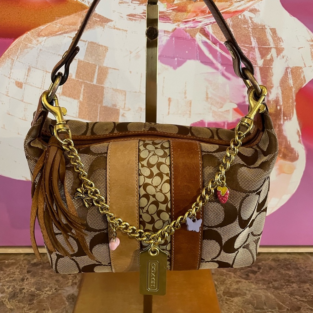 COACH Vintage Signature C Brown Mini Bag W/Tassel Upcycled Junk Gypsea Bag Chain - Picture 3 of 17